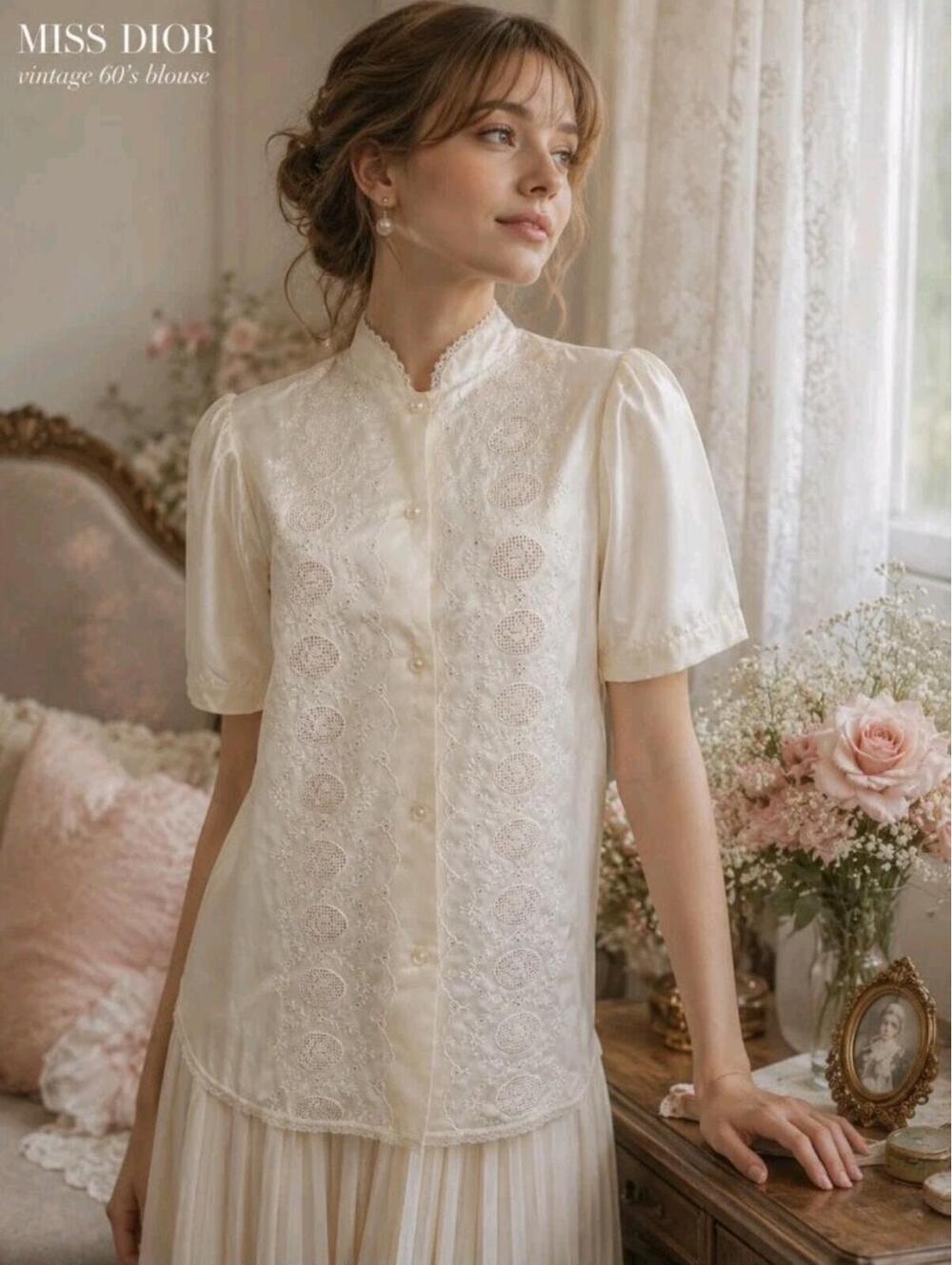 MISS DIOR vintage 60's blouse Size L Romantic Vibe Beige Embroidered #CC